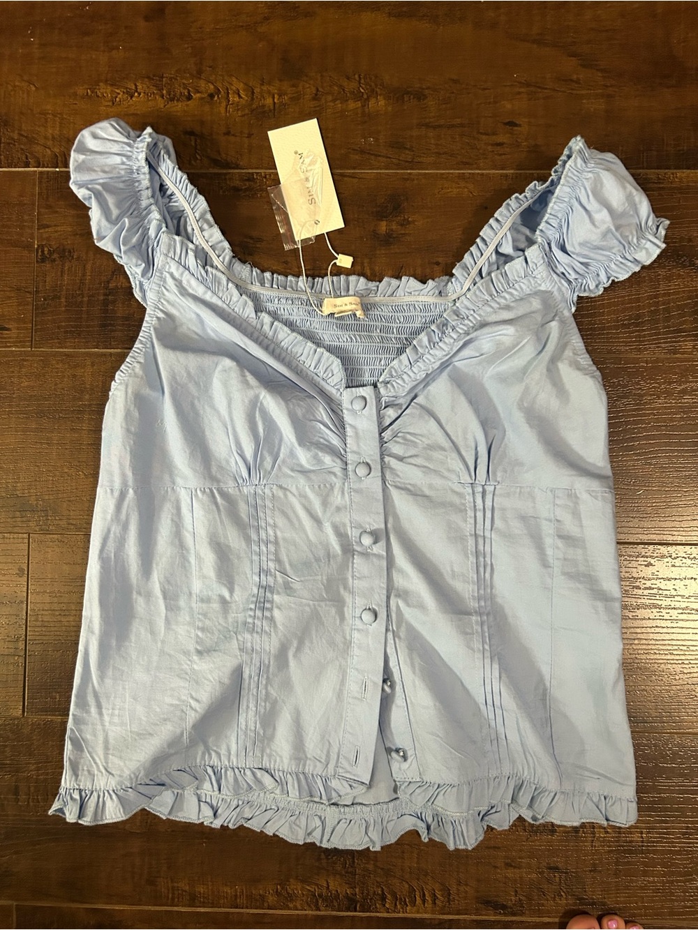 Smocked Ruffle Button-Front Women’s Top — Light Blue - Picture 2 of 3